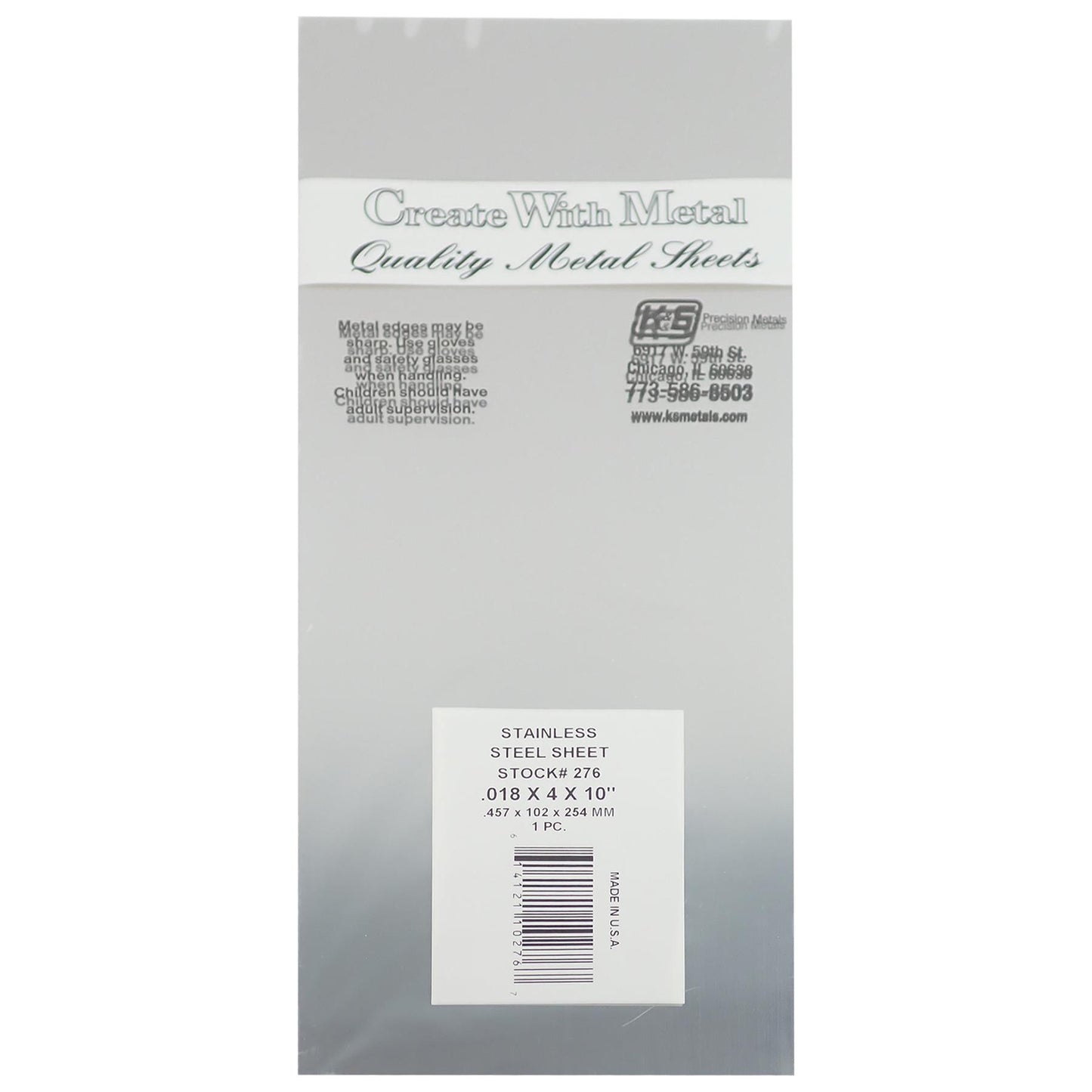 K&S Metals 276 Stainless Steel Sheet (4x10") (Pack of 6), .018"